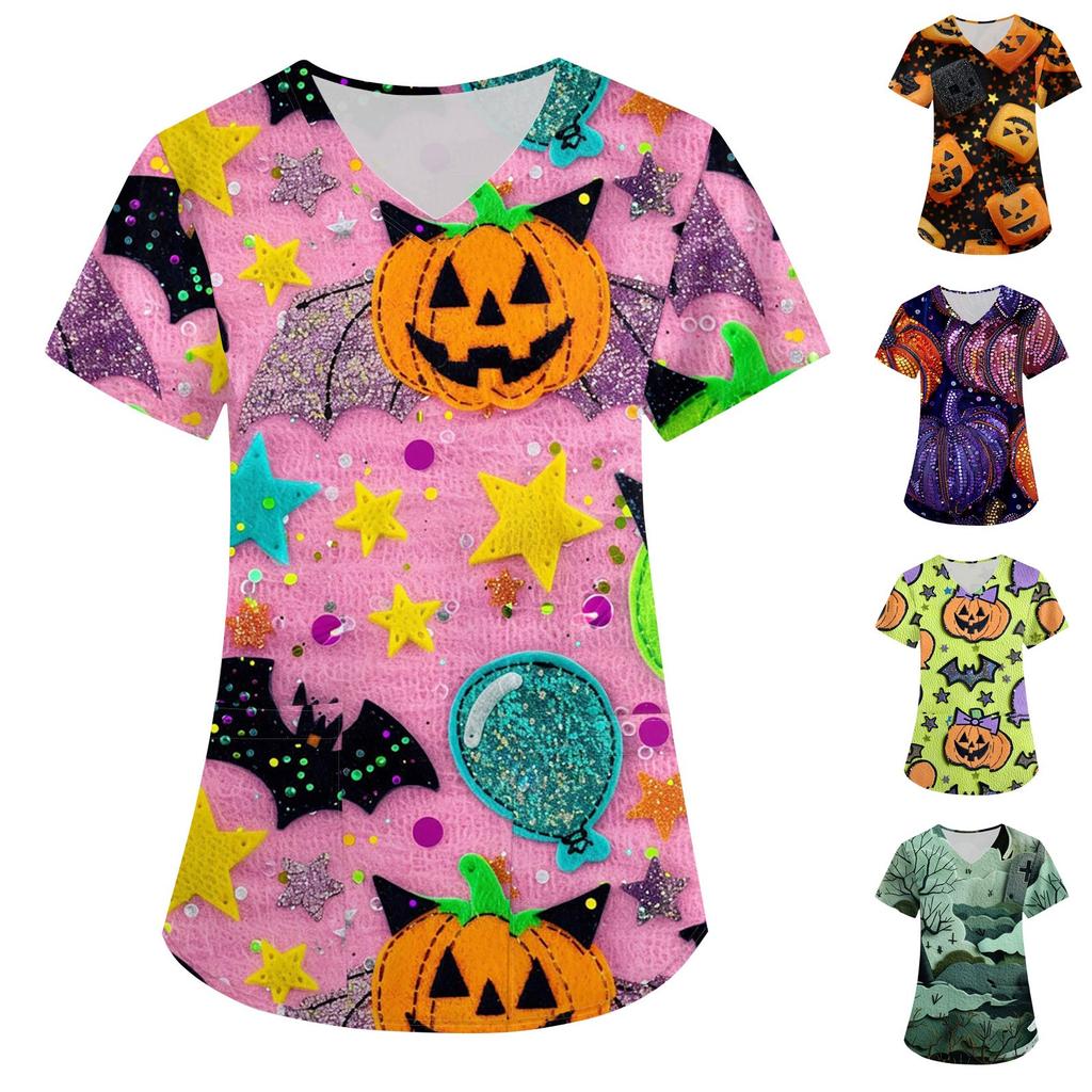 Women's Fashion Easter Printed Short Sleeve V-Neck Top Small Pocket Work T-Shirt