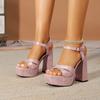Super high heel waterproof table middle silk hollow thick heel open toe high heel sandals buckle cheongsam pink large size women