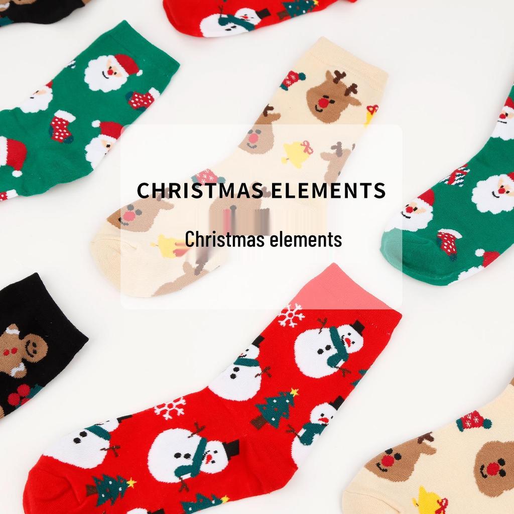 Festive Cotton Mid-Calf Women's Socks: Santa, Reindeer, Snowman Cartoon Design
