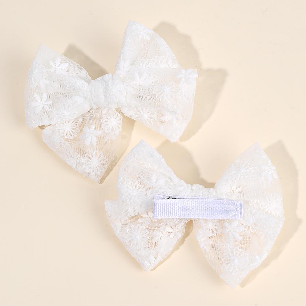 2Pcs Flower Embroidery Bow Hair Clips Sweet Elegant White Lace Net Ponytail Hairpin Girls Kids Children's Headdress Accessories