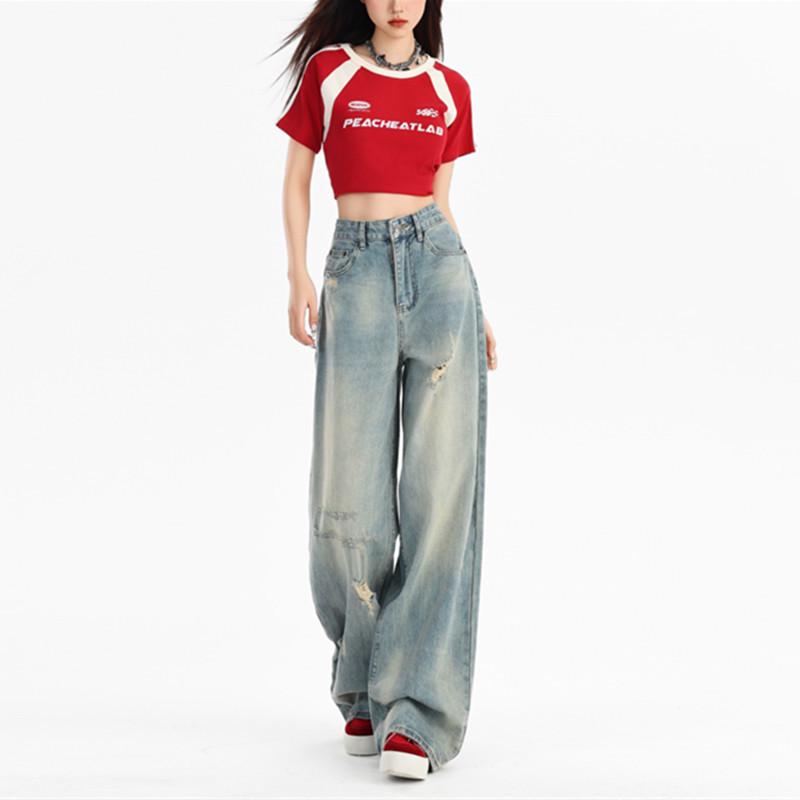 Women s 2024 American Retro High-Waist Ripped Jeans - Summer Loose Straight Wide-Leg Floor-Length Pants 2XL