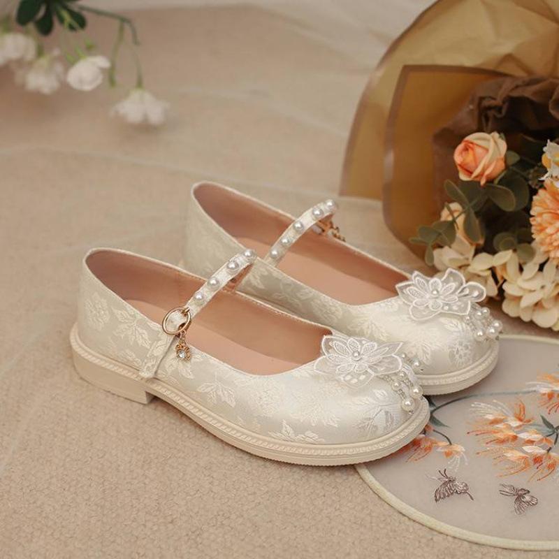 New girls Hanfu shoes comfortable buckle thick-soled medium-soled older children's shoes girls student shoes four seasons wear flower princess shoes