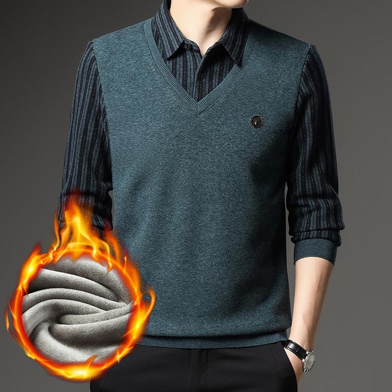 

Новый зимний свитер для мужчин с толстыми лацканами и флисом, поддельные два кардигана в полоску для папы 3XL