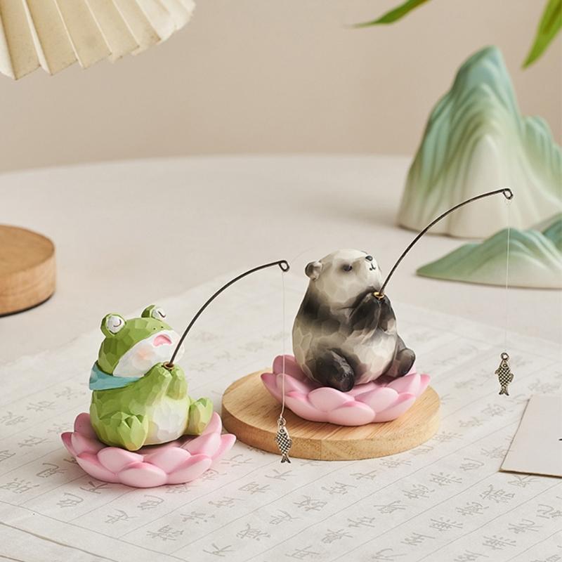 Wood Texture Amimal Fishing Figurine Resins Figure Toy Computer Monitors Decors Car Central Screen Decoration Ornament