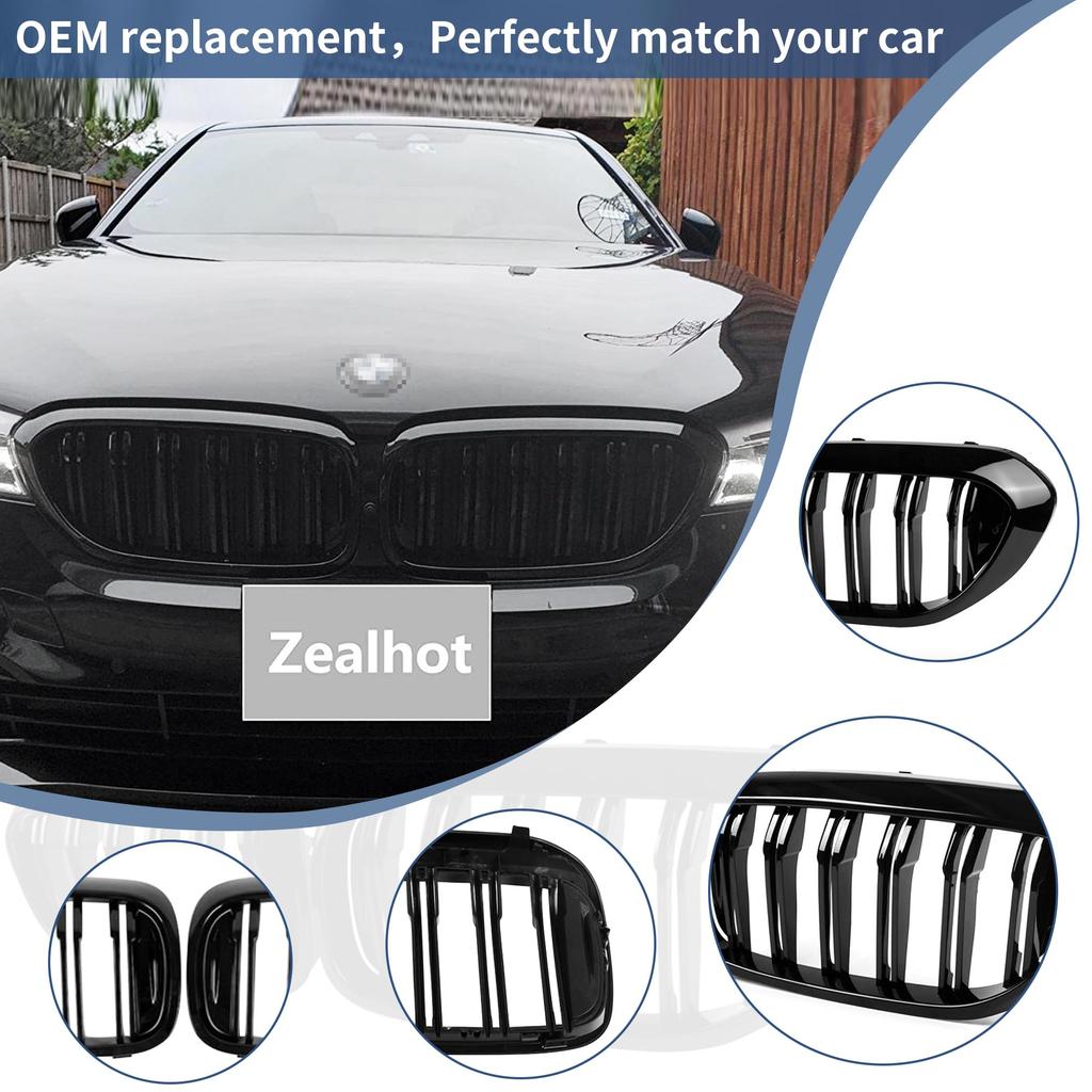 Zealhot Front Kidney Compatible with BMW 5 Series 550i Black Kidney Grille Grille, G30, G31, G38, 525i, 530i, 540i, (2018-2020), (Glossy (Double))