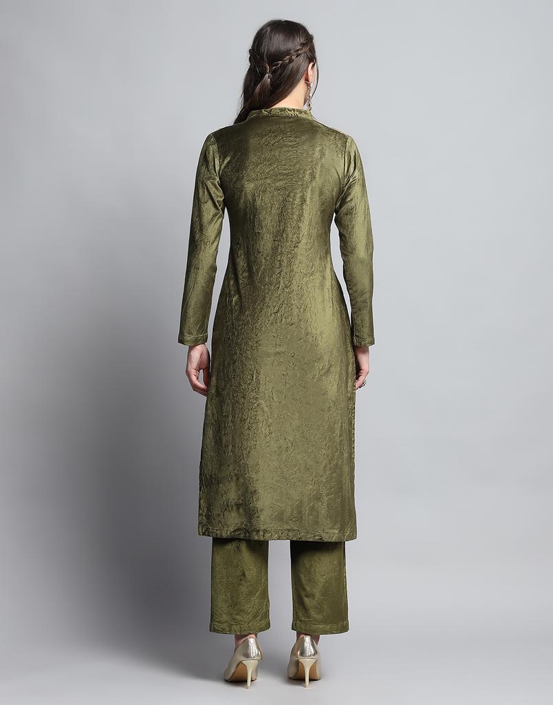 MONTE CARLO Womens Self Design Green Round Neck Full Sleeve Kurti Set