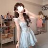 Women's Cute French Blue Lace Spaghetti Strap Dress with Fluffy Short Skirt