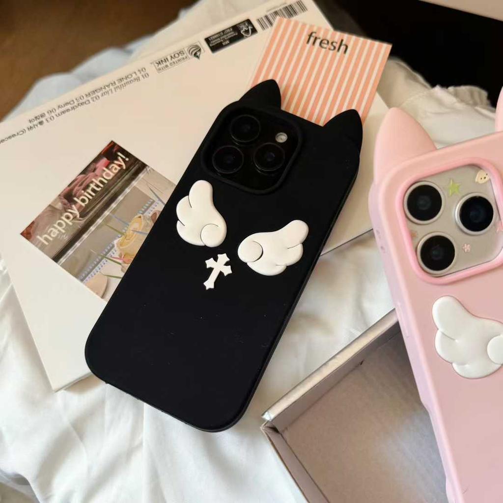 Cartoon Cute Cat Ears Angel Silicone Soft Case for IPhone 17 16 15 14 13 Pro Max 17Pro 16Pro IPhone17 IPones Women Back Cover