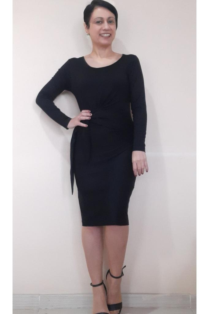 Women's Big Size Dress Side Draped Tie Black Below Knee Combed Viscose Pencil Dress