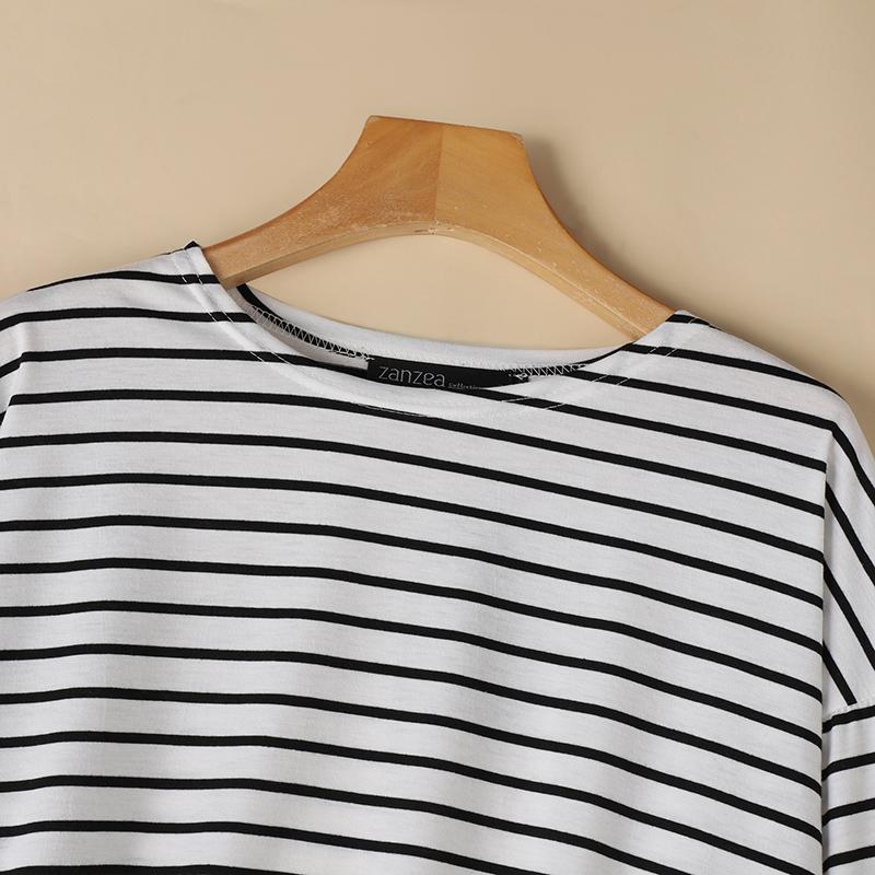 ZANZEA Women Casual Round Neck Long Sleeve Loose Stripe T-Shirts