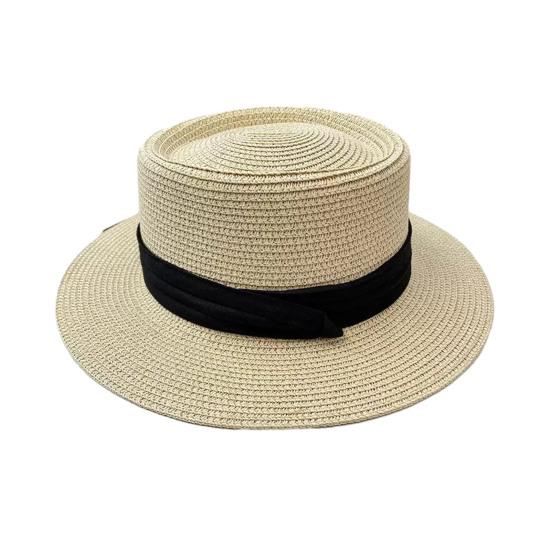 Flat Straw Hat Natural Straw Weaving Wide Brim Sun Hat Summer Beach Sun Protection Hat with Ribbon Bow