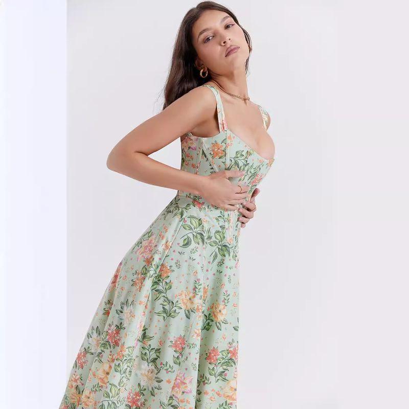 Summer European and American Temperament Waist Hugging Slimming Long Dress Sling Sexy Split Floral Dress Women Floral Dress