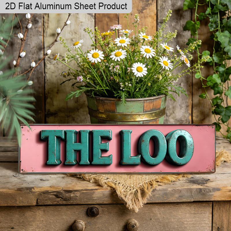 2D Flat 1pc Vintage British Humor Aluminum Sign "THE LOO" with Distressed Pink Background & Green Letters 15.7x3.94 Inch, Retro Metal Wall Plaque for
