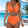 2 Adet/Set Kadın Ayrık Bikini Derin V Yaka Ön Bükümlü Tasarım Sütyen Yüksek Bel Külot Seti Hızlı Kuruyan Esnek Kumaş Tatil Mayo
