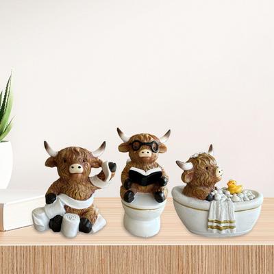 1/3 Pezzi Bagno Figurine Mucca delle Highlands Lettura Bagno Libro Carta Igienica Statua Scultura in Resina Bestiame delle Highlands Ornamento Decorazione Regali per Amanti dei Vitelli