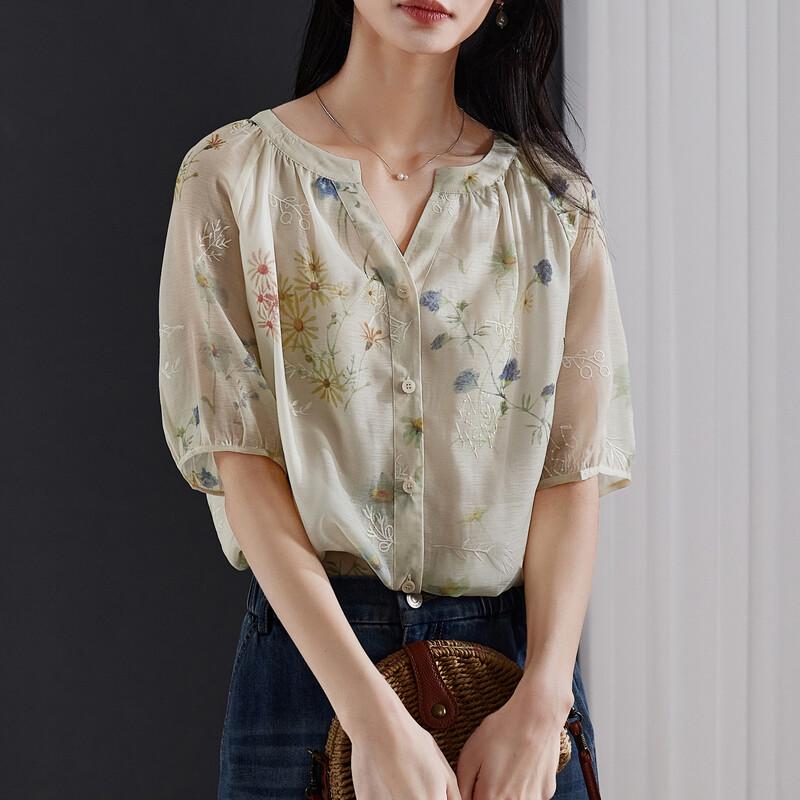SOFSIL Women s V-Neck Floral Print Lantern Sleeve Blouse S
