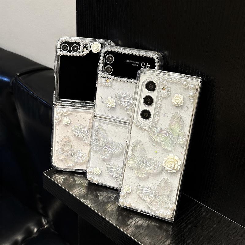 Pearl Butterfly Flower Sparkling Pink Phone Case for Samsung ZFLP6 Flip Fold Screen ZFold 5 Transparent Dropping Glue