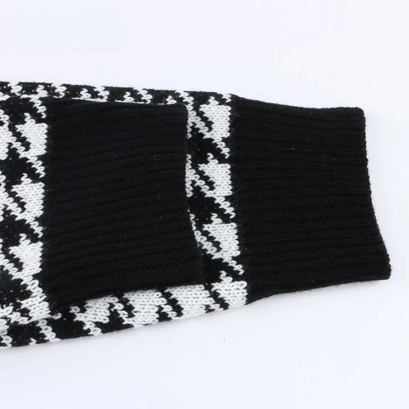 V-Neck Women Button Black Houndstooth Cardigan Long Sleeve Sweater Autumn Winter Knitted Loose Oversized Jumper Casual