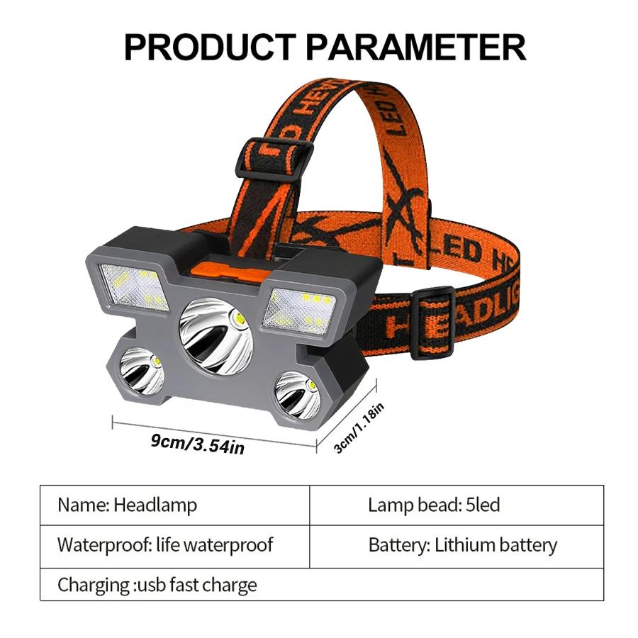 Powerful 5 LED Headlight USB Rechargeable Ultra Bright Headlamp Built-in 18650 Battery Head Torch Outdoor Camping Searchlight