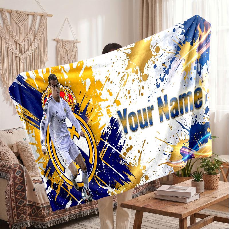 Coperta Personalizzata in Pile Cristiano Ronaldo con Logo Calcio, Testo Nome Personalizzato Morbida Calda Coperta da Divano per la Casa