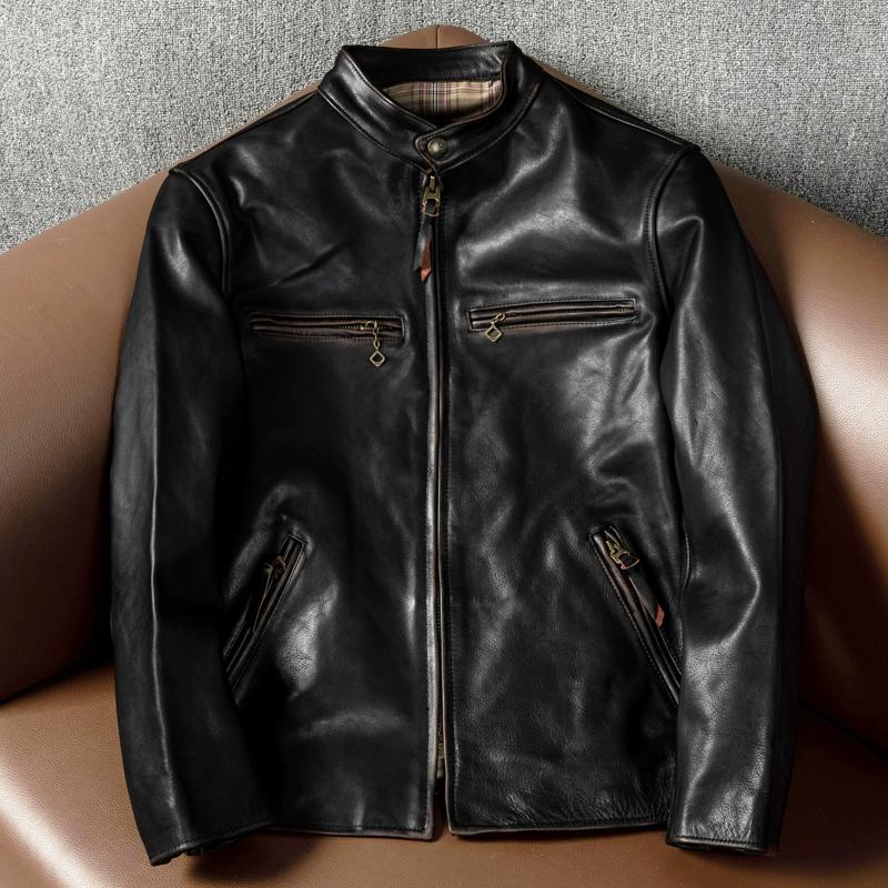 New Top Layer Tea Core Horse Leather Work-edged Short Slim Men's Genuine Leather Jacket