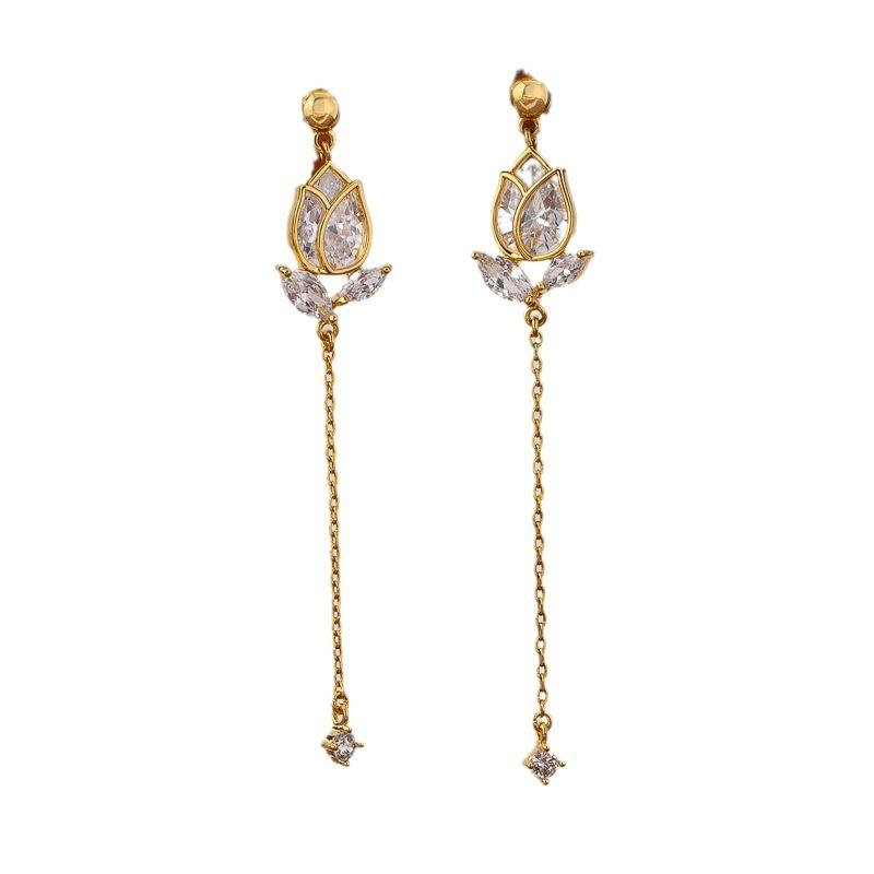Cold Wind Long Fringed Earrings Women's High-end Niche Design Earrings Tulip Zircon Temperament Versatile Earrings