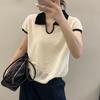 women color block polo knit top collared notched v-neck short sleeve casual lightweight sweater