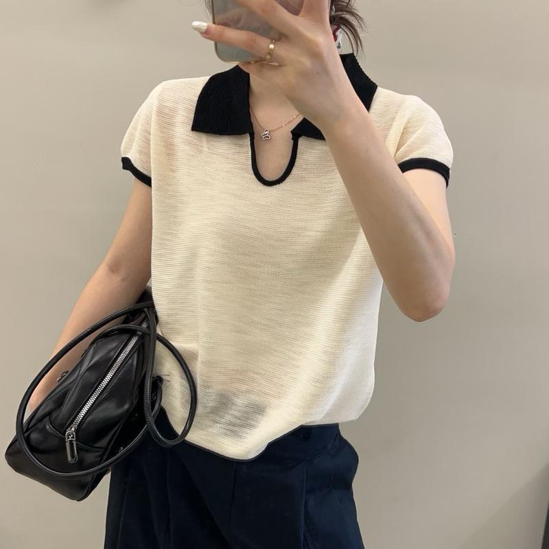 women color block polo knit top collared notched v-neck short sleeve casual lightweight sweater