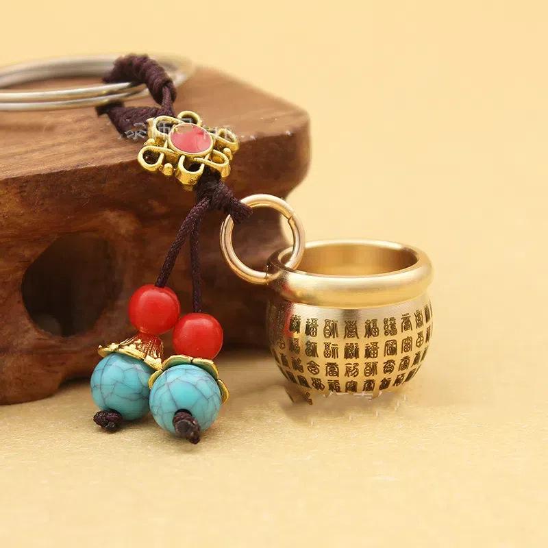 Brass Mini Blessings Jar Keychain with Five Emperors Coins, Green Bead, Rice Jar Pendant, and Rope