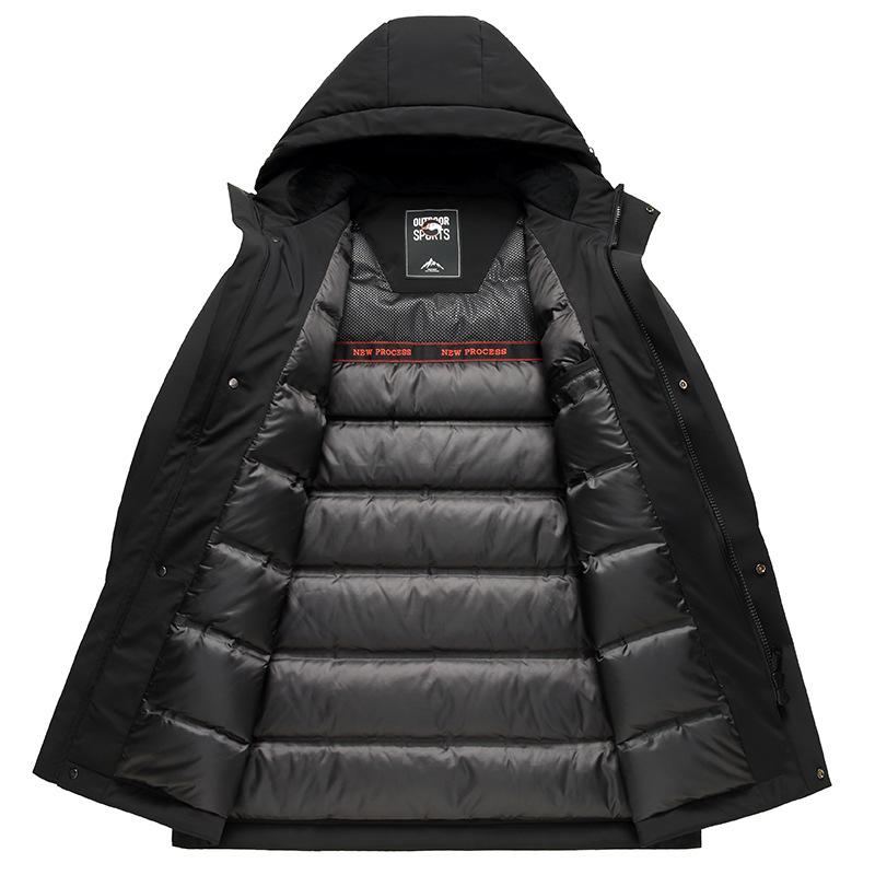 Jaqueta de Penas com Capuz Masculina de Tecido de Seda de Leite de Inverno Ganso Branco Novo Espessado de Média Comprimento