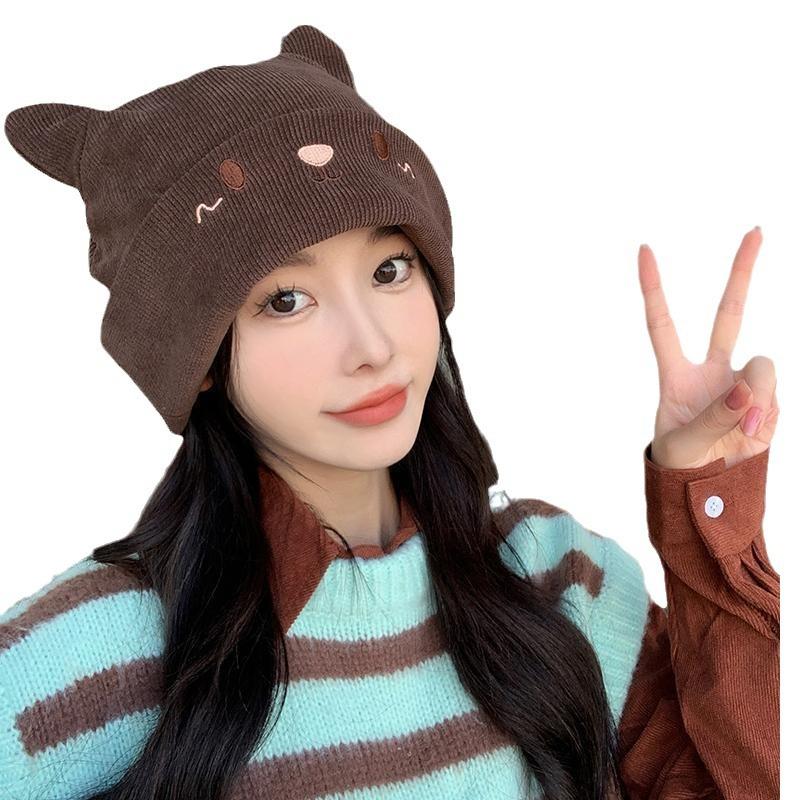 Damen Gemütliche Gestrickte Slouchy Mütze mit Entzückender Katzenohren-Stickerei Winter Warm Dehnbar Beanie für Damenmode