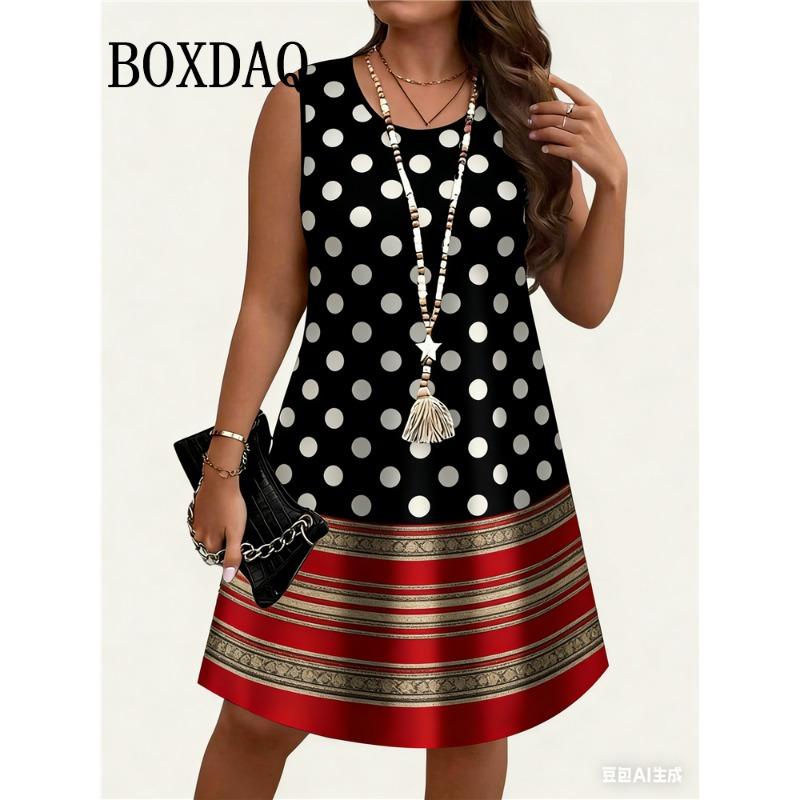 Женские Платья Больших Размеров Женское Летнее Платье в Горошек 3D Печать Платье-Майка Летнее Повседневное Без Рукавов Круглый Вырез Свободные Платья S