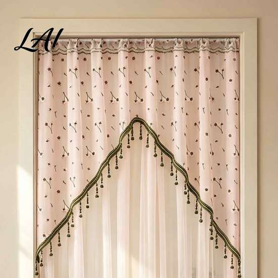 Elegant Sheer Door Hangings Floral Curtain with Beads Lace Embroidered Gauze Room Romantic Home Decor for Living Divider Rod Pocket Doorway Bedroom