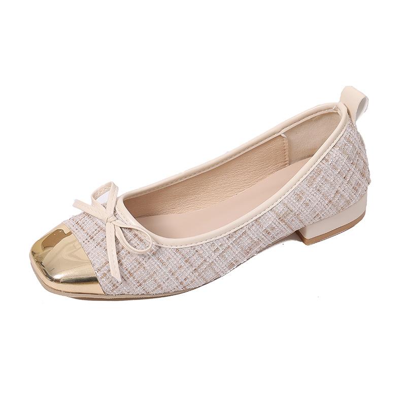 Xiaoxiangfeng Schleife flacher Ausschnitt einzelne Schuhe Damen 2025 Frühling und Sommer neue Ballerinas weiche Sohle Metall eckige Zehenkappe Flats