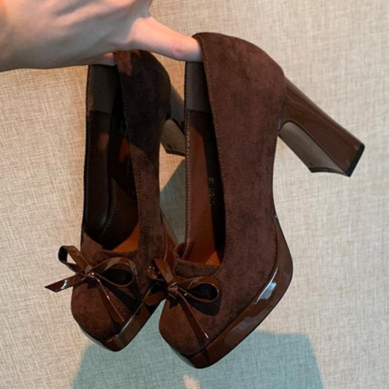 Fashion Spring New Coarse Heel Single Shoes Women Fashion Square Head Shallow Mouth Suede Butterfly Knot Waterproof Platform High Heels