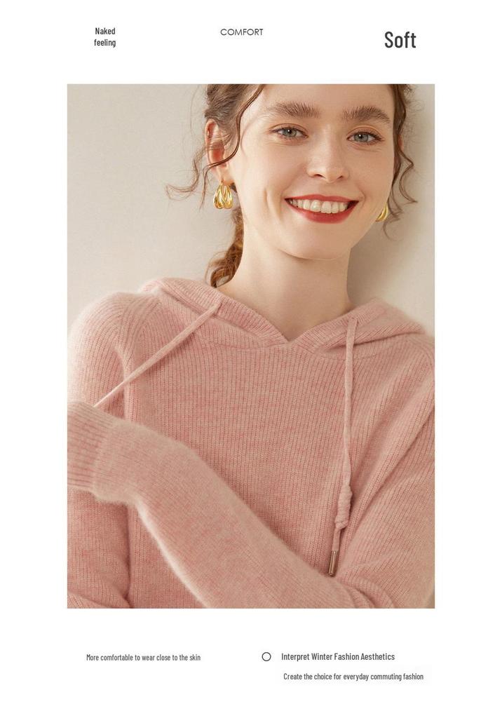Women's Hooded Cashmere Sweater: Long Sleeve, Thick, Warm, Autumn/Winter Knit, Loose Fit Pullover.