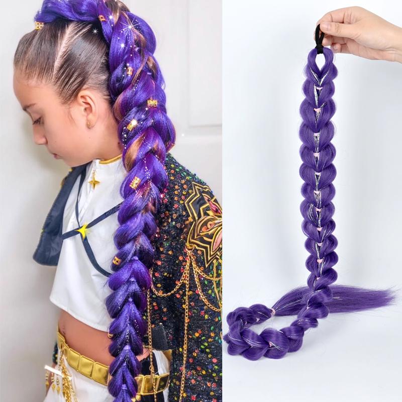 

LUPU 32inch Purple Synthetic Braided Wig With Elastic Band and Shiny Colored Tinsel Ponytail, Suitable for Girls Hairstyle 32inches