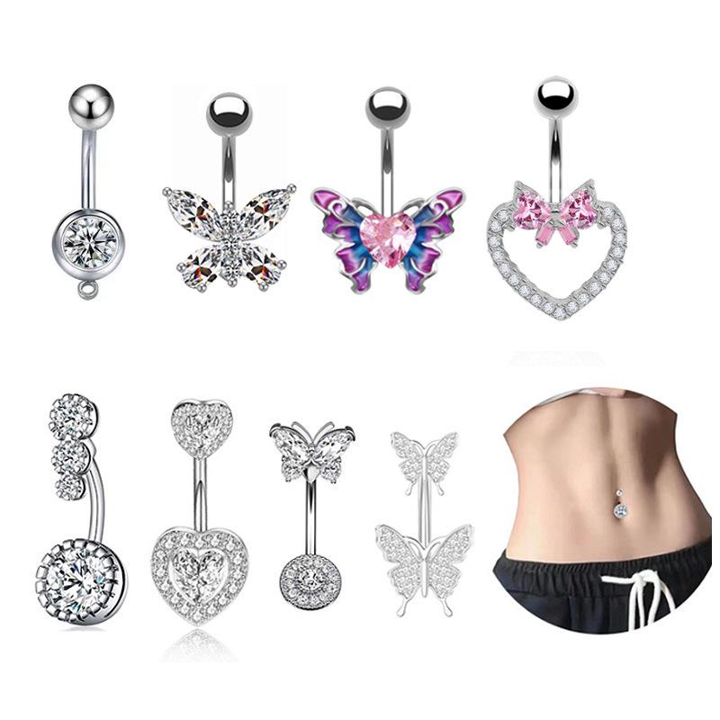 Exotic Butterfly Heart Bow Zircon Inlaid Navel Ring, 316 Stainless Steel, European & American Style