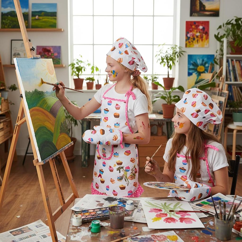 Chef Hat and Apron Set for Kids, Pink Sweet Cake Cooking Apron, Kids Aprons for Cooking, Adjustable Toddler Aprons with Pocket, Stocking Stuffer,