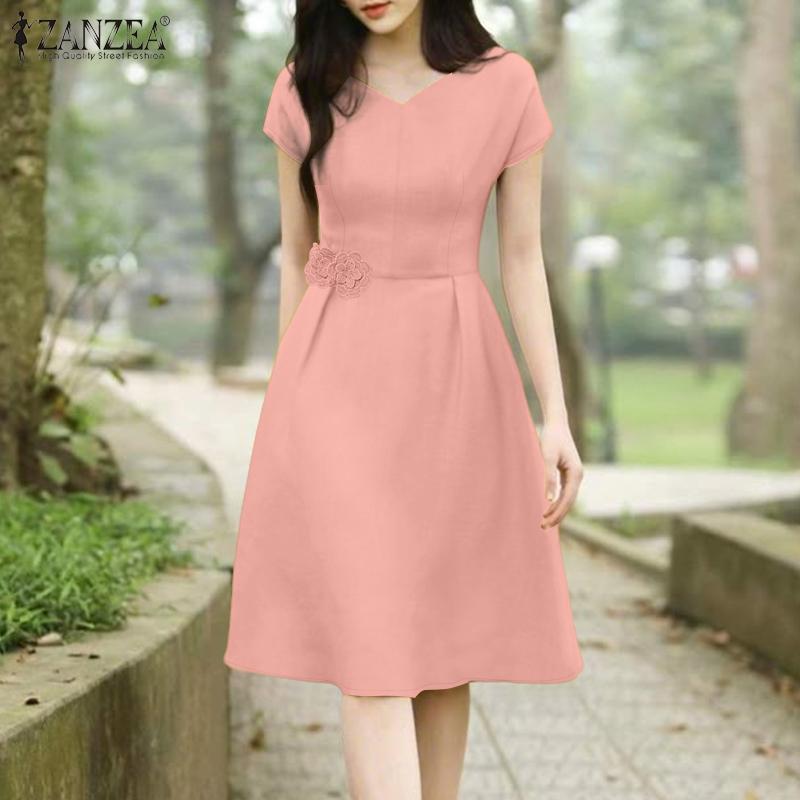 ZANZEA Women Casual Elegant V-Neck Summer Short Sleeve Dress