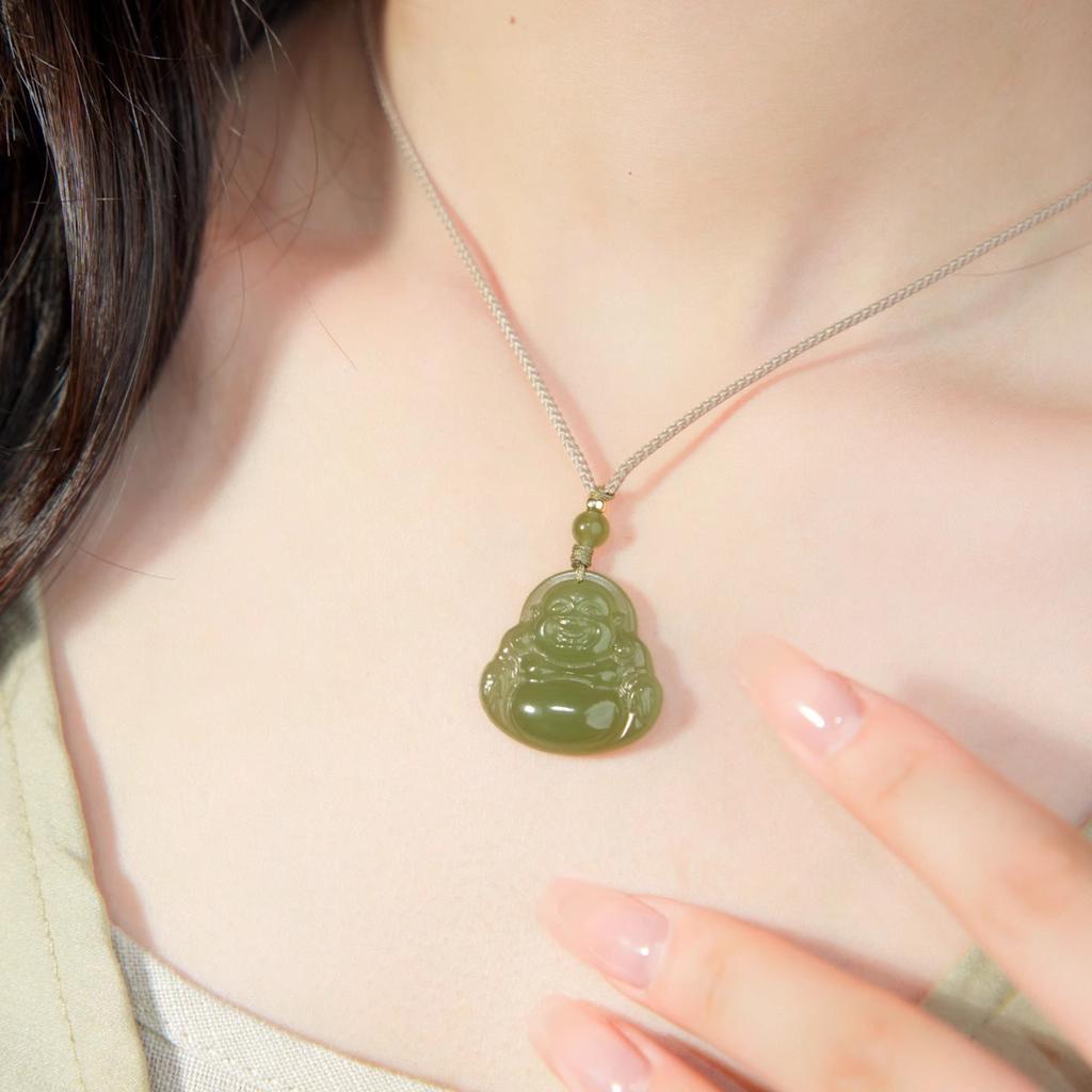 Natural Qingshui Hetian Jade Buddha Pendant, Maitreya Buddha Big Belly Buddha Jade Necklace for Women, Laughing Buddha Jade Pendant