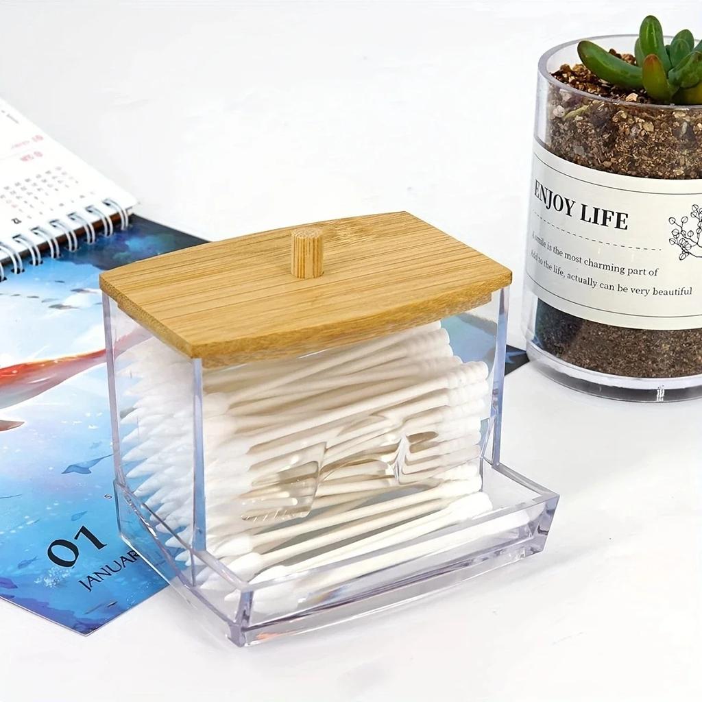 Acrylic Storage Box Bathroom Jar Makeup Organizer Cotton Round Pad Holder Cotton Holder Dispenser with Bamboo Lid Clear Plastic