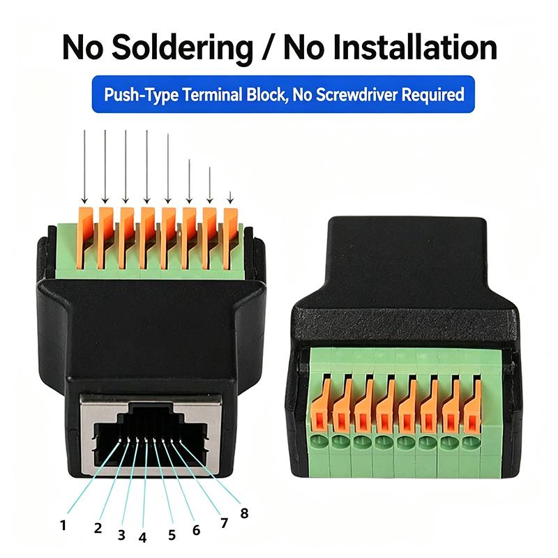 Solderless RJ11 To 8Pin Terminal Block Adapter RJ11 Male Plug / Female Jack To 8P Spring Push Terminal Connector