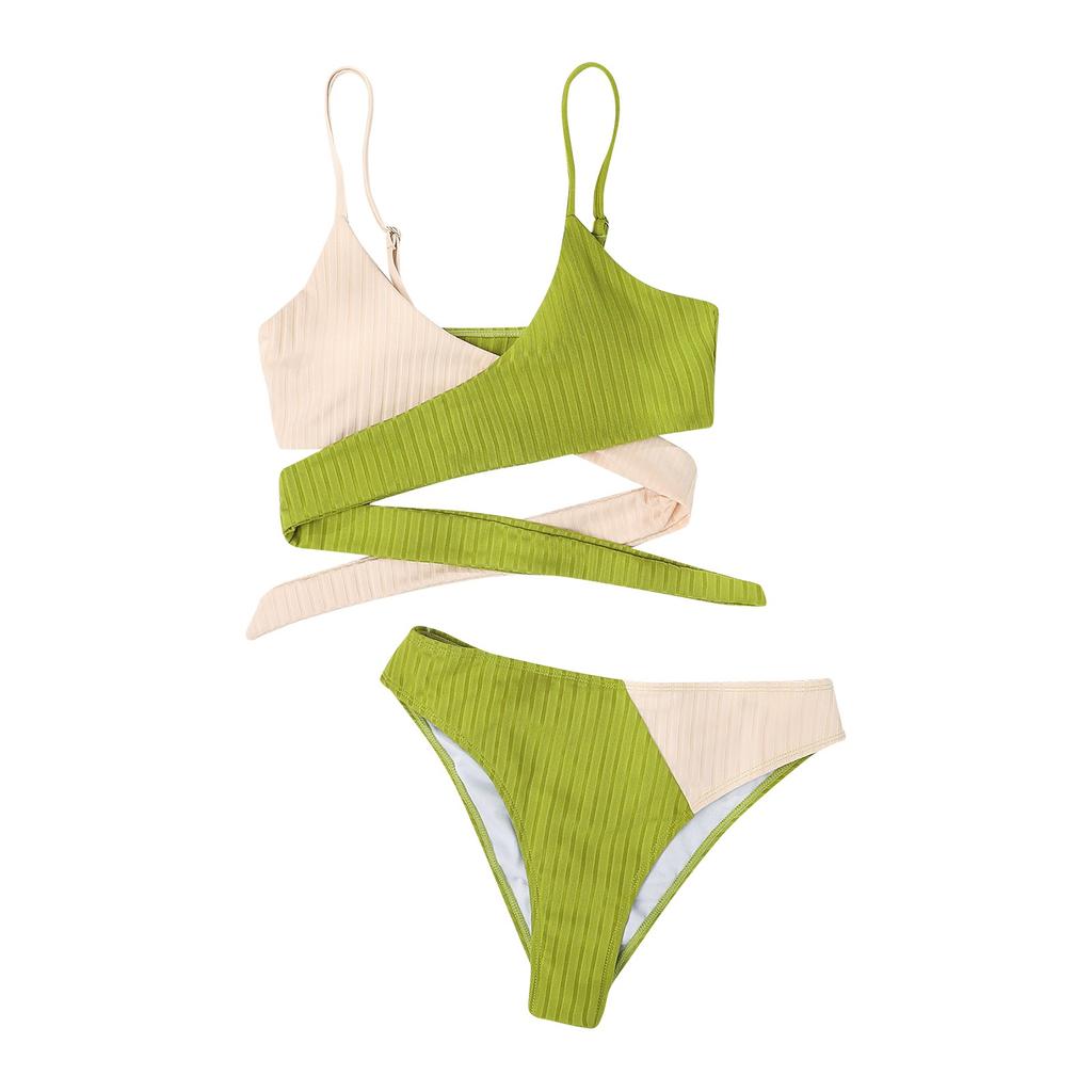 Women's Two Piece Bikini Swimsuit Ribbed Fabric Adjustable Straps Wrap Around Design High Cut Bottoms Swimwear Set