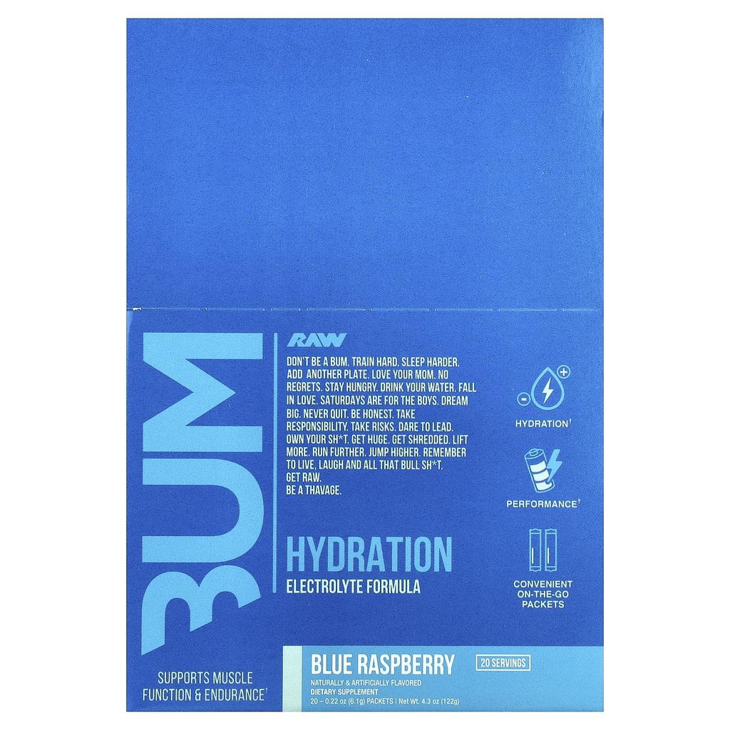 Raw Nutrition, Bu, Hydration, Electrolyte Formula, Blue Raspberry, 20 Packets, 6.1g (0.22oz) Each