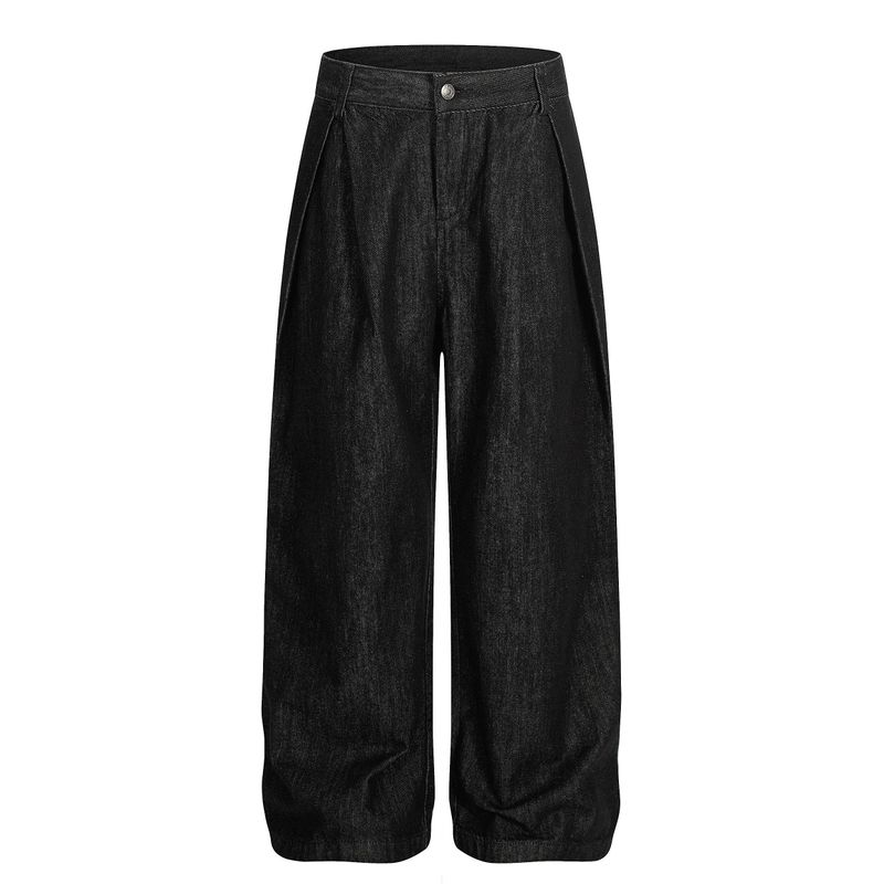 Blaexit American Retro Pleated Raw Denim A-Line Jeans for Men, Loose Straight Black Scimitar Wide-Leg Trousers