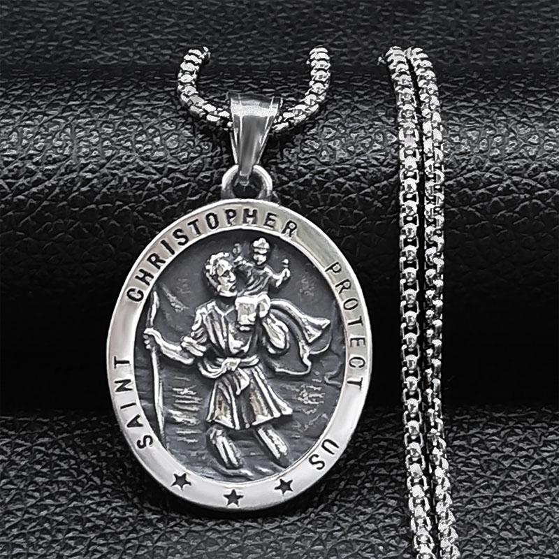 Saint Christopher Protect Us Cross Medal Necklace Stainless Steel Archangel Saints Protection Amulet Necklaces Jewelry NZZ303S05