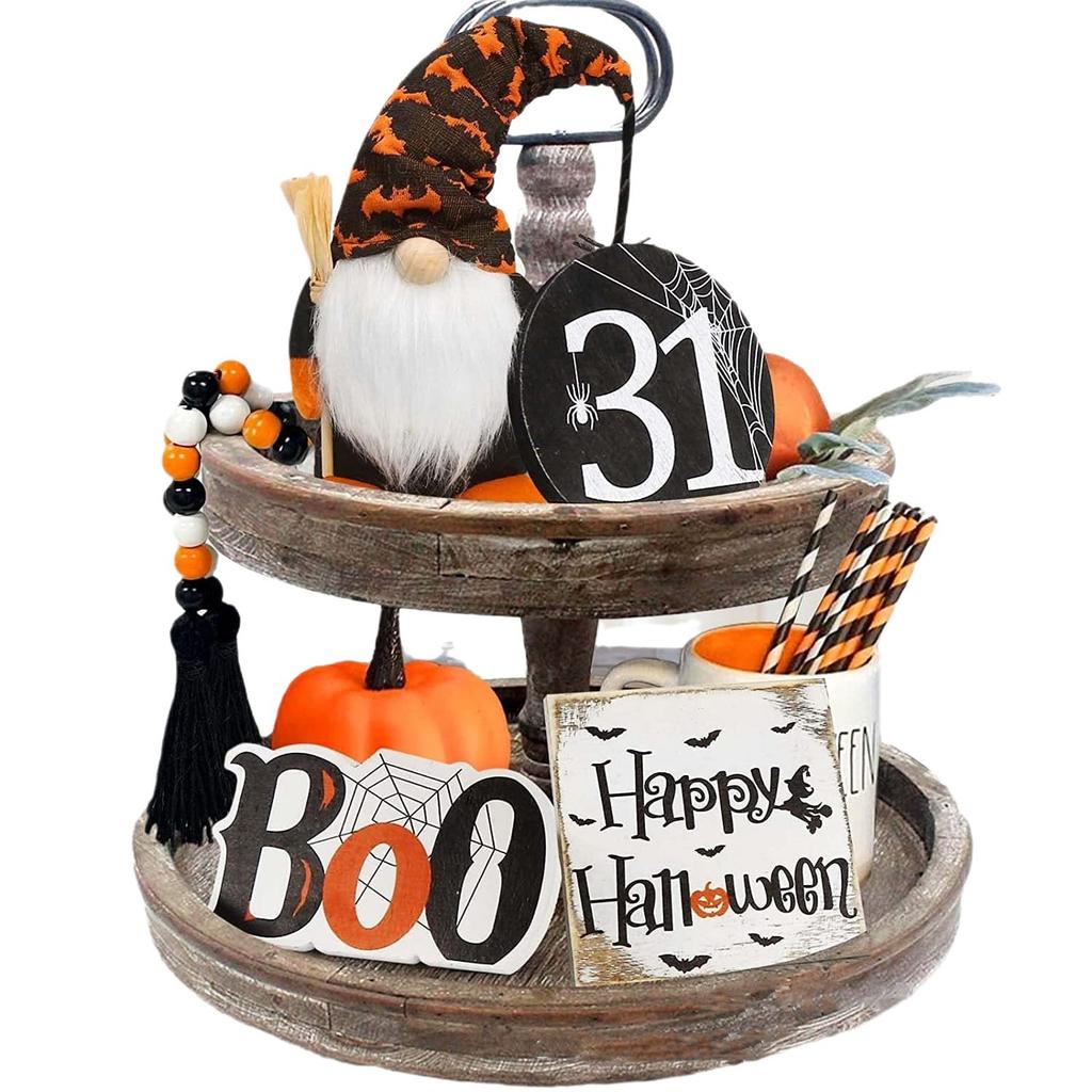 Halloween Tiered Tray Decor - Cute Ghost Signs, Black & Orange Home Decor, Creative Holiday Shelf Display