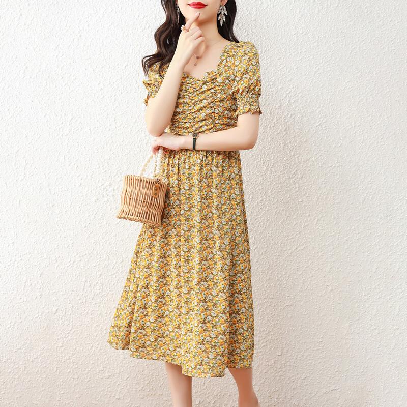 Srcr Women s Square Neck Floral A-Line Dress L