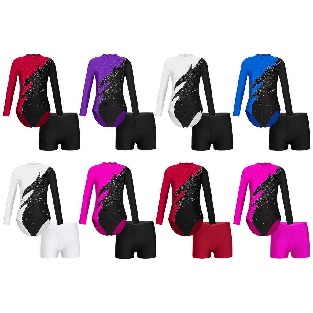 Kids Girls Stylish Clothing Set for Skating Training Wear Outfits Long Sleeve Contrast Color Leotards and Shorts